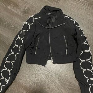 AKIRA Black Bomber Jacket with Silver Chain Embellishment